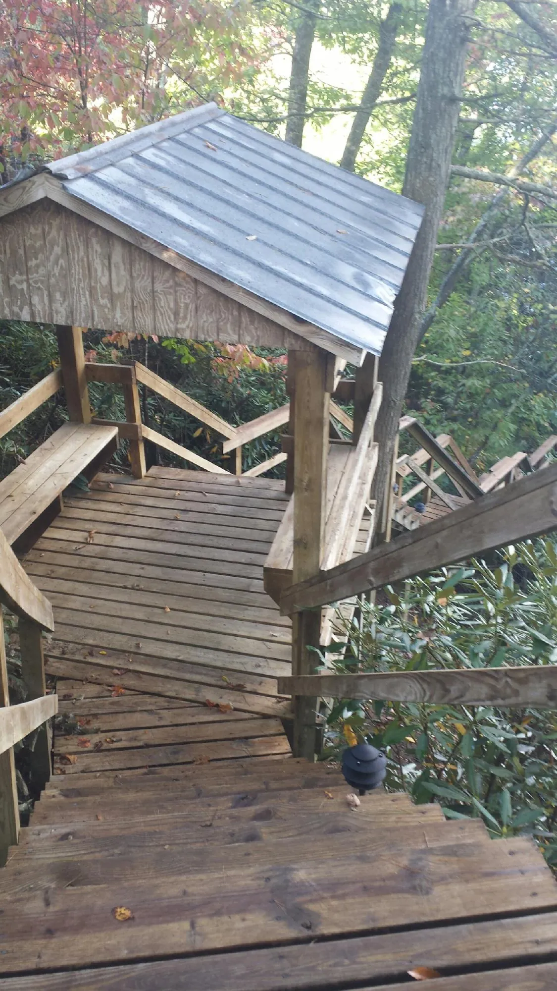Metal roofed shelter over wooden steps on a wooded walkway — Skylight Repair & Installation work by our crew in Burlingame